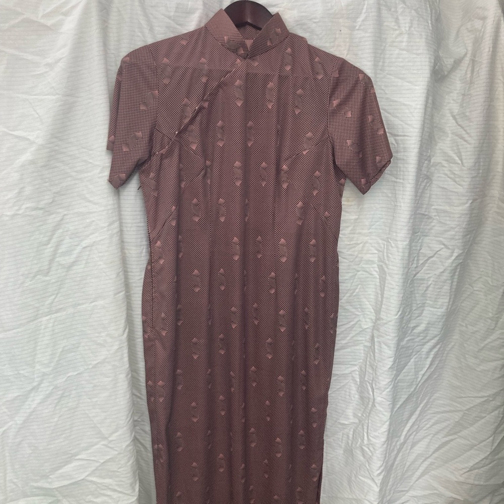 pink/purple midi Chinese dress with Mock Neck